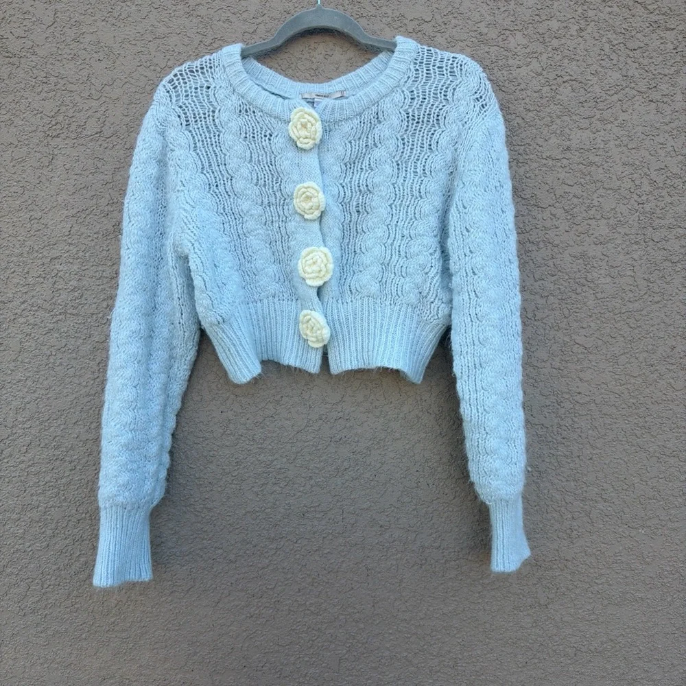 Kimchi Blue Sky Blue Cardigan with Cream Floral Details - Picture 1 of 7